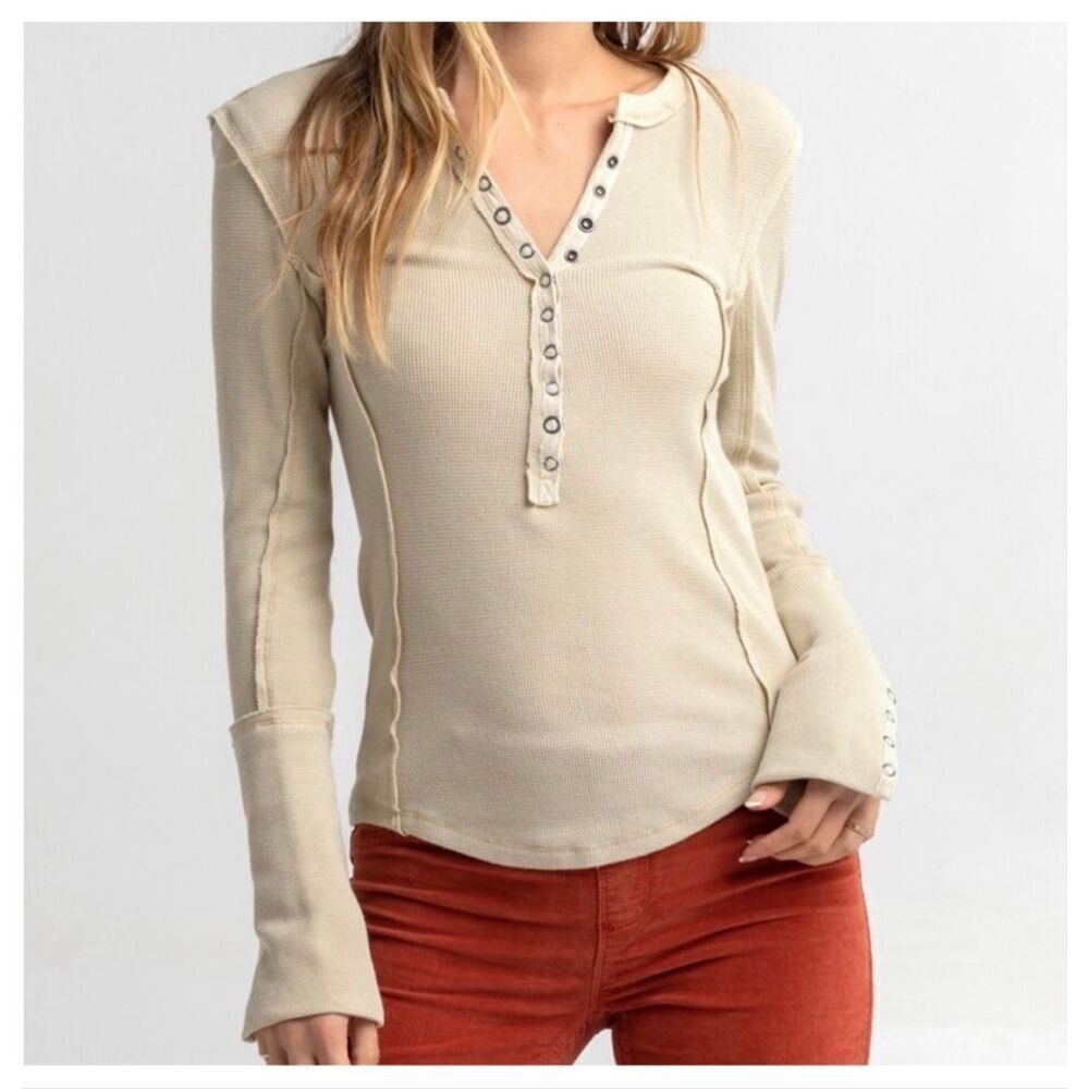 We The Free By Free People Nailed It Thermal Henley Waffle Knit Top In Oatmeal S